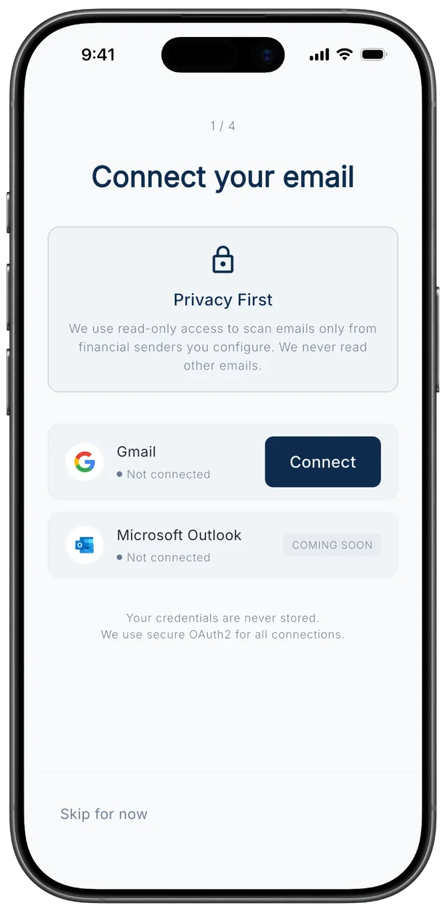 Raydar inbox connection screen