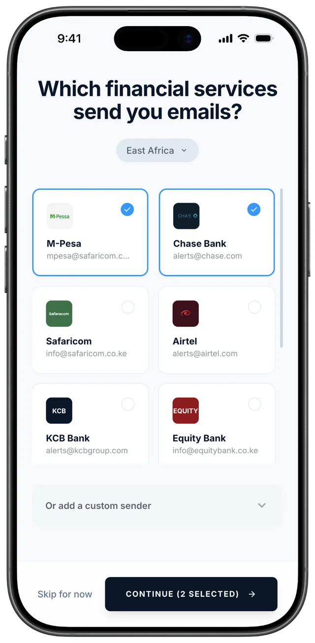 Raydar financial service selection screen